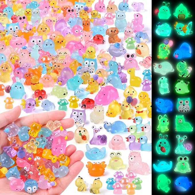 DIYDEC 206pcs Mini Luminous Resin Animals, Miniatures Glow in The Dark Toys Tiny Little Figures to Hide Small Duck Decor for Party Favors Bag Fillers Fairy Garden Dollhouse Accessories