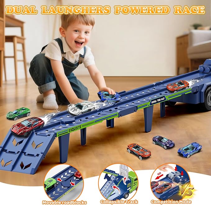 Truck Car Toys for 3, 4, 5, 6, 7, 8 Years Old Kids, Carrier Truck Race Track Toys, Foldable Transport Car Toys with 2 Foldable Race Tracks, 6 Metal Cars, Birthday Gifts for Toddler Boys Girls