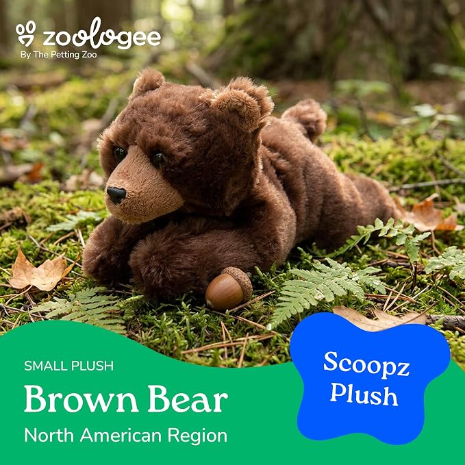 The Petting Zoo Brown Bear Stuffed Animal Plushie, Gifts for Kids, Scoopz Wildlife Animals, Bear Panda Plush Toy, 8 inches