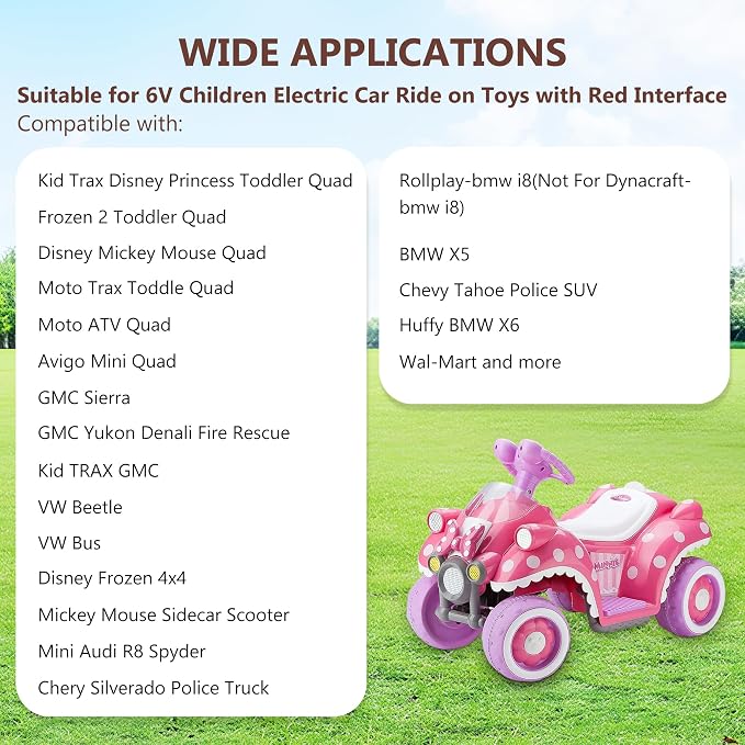 6 Volt Battery Charger for Kids Electric Car, Compatible with Minnie Mouse, BMX X6, Wal-Mart, Moto ATV Quad Car for Kid, Replacement Parts for Ride on Toys Kid TRAX Charger with Red Square Plug