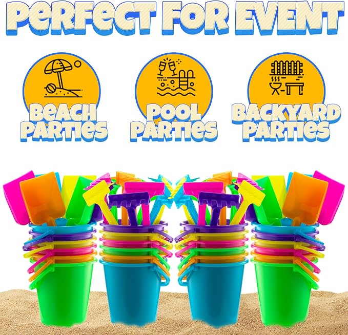Mini 4.5-Inch Beach Buckets for Kids - (12 Pack) Sand Buckets and Shovels with Rakes - Small Beach Pails - Sturdy Unbreakable Plastic - Beach Party Favors for Toddlers Ages 3-6