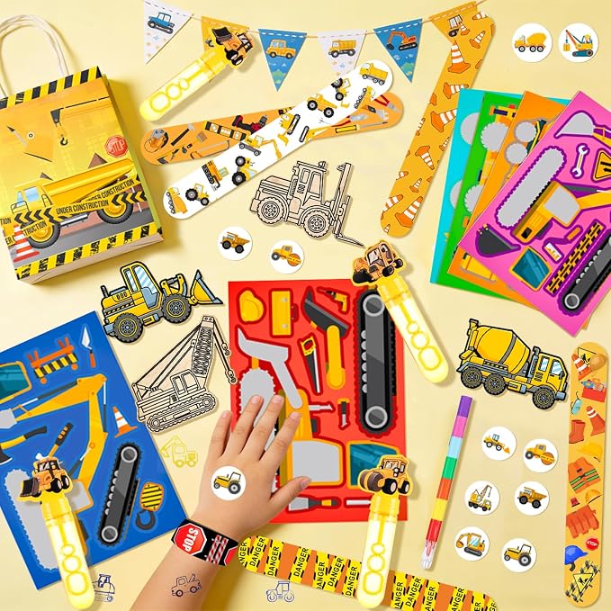 Construction Vehicle Favors, 98pcs Construction Truck Party Favors Set Includes Construction Vehicle toys Bubble Wands Stickers Stampers etc Construction Party Favor for Excavator Birthday Decorations