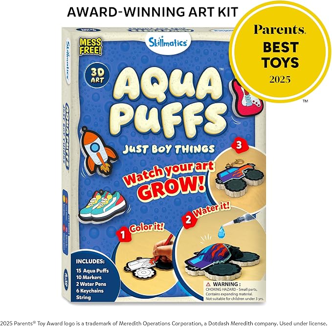 Skillmatics Aqua Puffs - 3D Art Kit, Just Boy Things, Mess-Free Paint by Number Craft for Kids, DIY Color & Inflate Activity, Travel Toys & Creative Gift for Ages 4, 5, 6, 7, 8, 9, 10