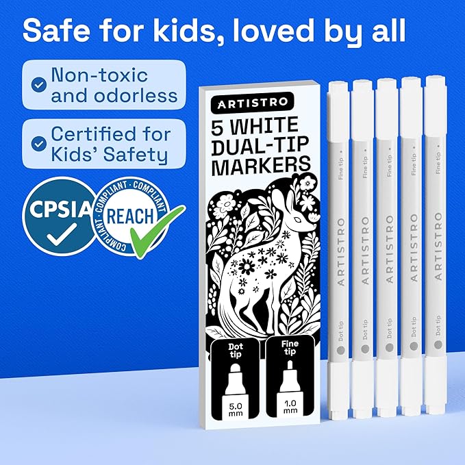 ARTISTRO 5 White Dual-Tip Acrylic Paint Markers – Paint Pens Set with Dot & Fine Tips for Fabric, Rock, Glass, Wood, Coloring Books – Arts & Crafts Gift – Classroom Must Haves & School Supplies