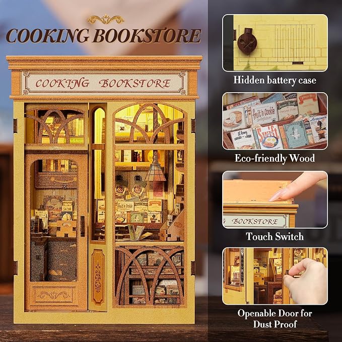 Fsolis Book Nook Kit - DIY Miniature House Kit | Bookshelf 3D Wooden Puzzles for Adult Booknook Gifts for Women Teenagers (Cooking Bookstore)