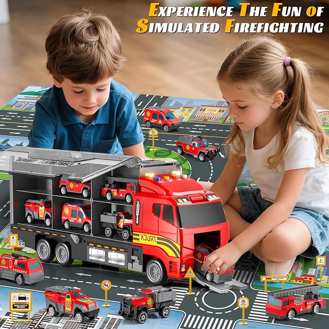 Toddler Boys Fire Truck Set: Fire Car Toy for Boy 3 4 5 6 Years Old | with Play Mat and Die-Cast Toy Car | Birthday Gifts Toys for 3-8 Year Old Boys | Girl Toys Cars with Light and Sound