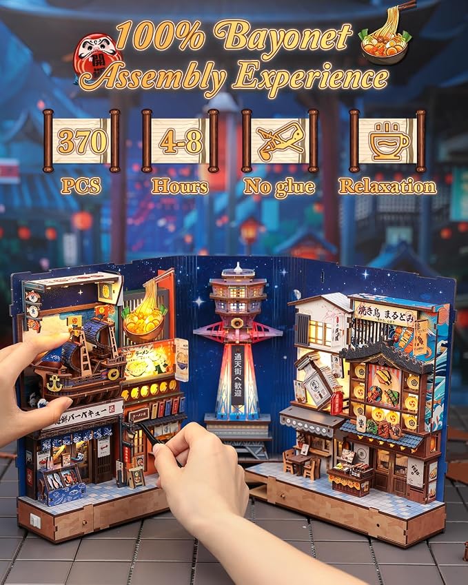 CUTEBEE Book Nook Kit - Japanese Foldable DIY Miniature Dollhouse, Warm LED Bookshelf Alley Decor Model, Building Kit Gifts for Adults Teens Family Friends (Tsutenkaku Ichiban Street)