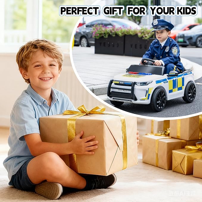 TOBBI Kids Electric Ride On Police Car, Toddlers Battery-Powered Cop Toy to Drive, 27W 4-Wheels Vehicle with Parental Remote Control/Soft Start/3 Speeds/Horn & LED for Children Ages 1-6 Years-White