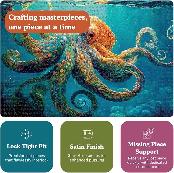 Cross & Glory | Jigsaw Puzzles 1000 Pieces for Adults | Deep Blue Octopus Odyssey | Ocean Octopus Puzzles for Adults | Challenging Brain Teaser Ocean Puzzle | 20 x 27 Inches