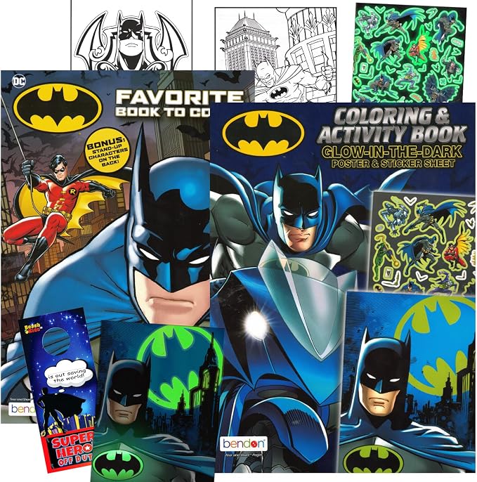 Batman Coloring Set with Glow in the Dark Posters, Stickers - Batman Activity Book Bundle for Boys 2 Coloring Books | Superhero Coloring for Kids
