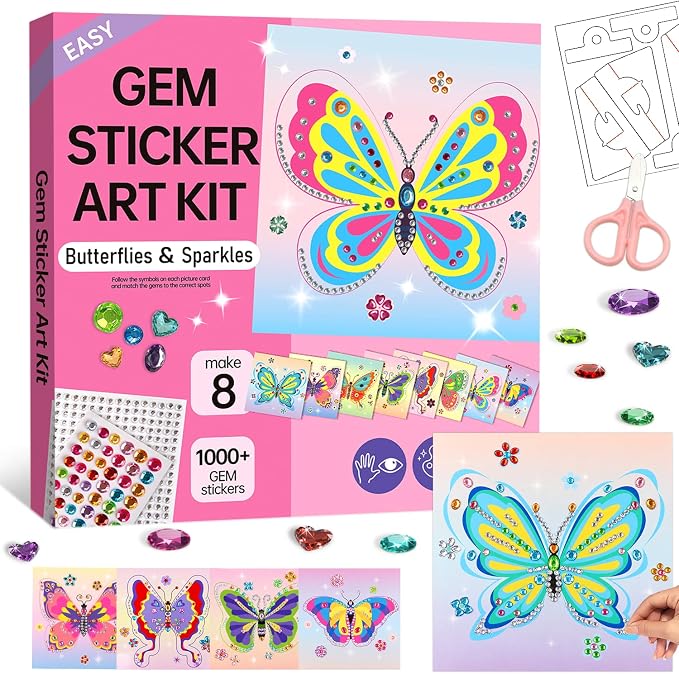 Marlrin Butterfly Gem Crafts for Girls Ages 4-8, Diamond Art Kit for Kids | 8 Pack Easy Gem Sticker Arts, 1000+ Gems, Peel & Stick No Mess, Hang & Display Stand, Party Favor, Birthday Gift for Girls