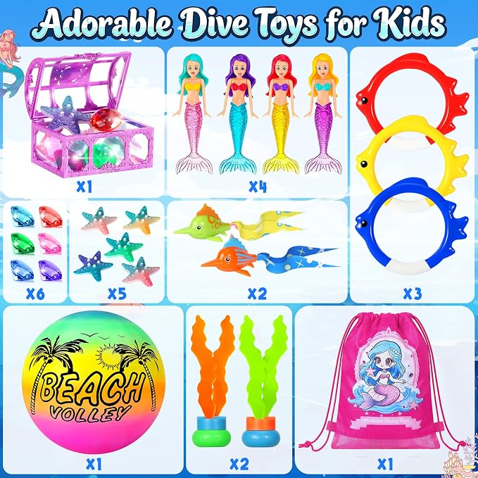 DRAMATION 25 Pcs Pool Diving Toys for Kids Ages 3-12, Mermaid Dive Pool Toys with Diving Gems and Treasure Chest, Diving Rings, Storage Bag, Summer Beach Swim Water Sinking Toys for Boys Girls 3-5 4-8