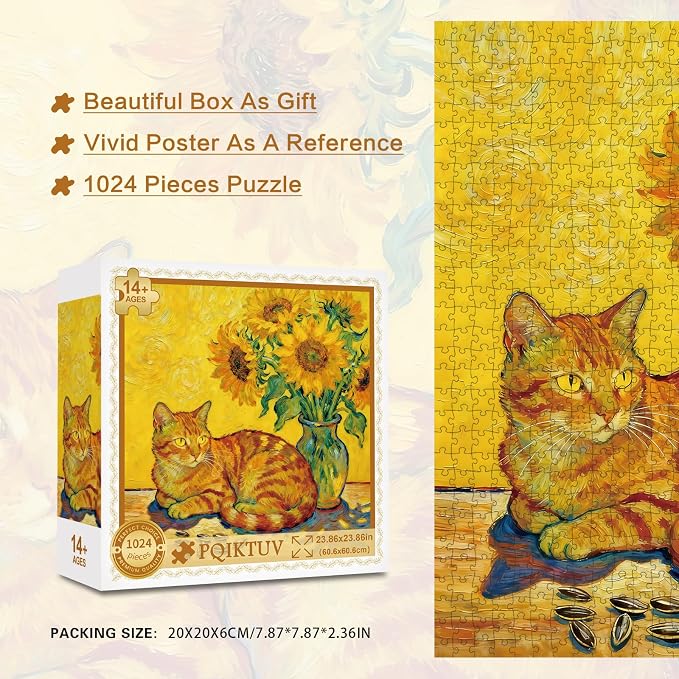 Adult Puzzles Kitten Jigsaw Puzzle 1024 Pieces with Letters on Back | Impossible Puzzle Cat and Sunflower Family Decoration Gift for Valentine Friends Parents（23.86 x 23.86 inches）