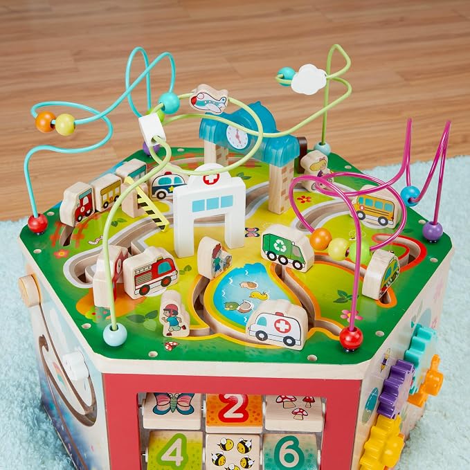 Battat – Wooden Activity Cube – CurioCity – Themed Activity Center – Educational Toys – Wooden Toys for Toddlers and Kids – 1 Year +