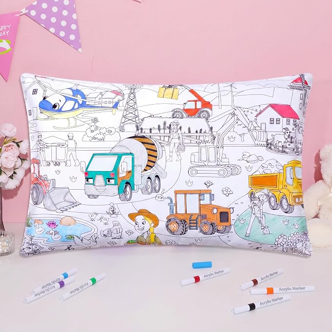 Mindsoft Coloring Craft Coloring Pillowcase Pillowcase with 12 Pcs Markers Pens for Decoration Supplies Craft, 28.7 x 19.7 Inch (Construction)