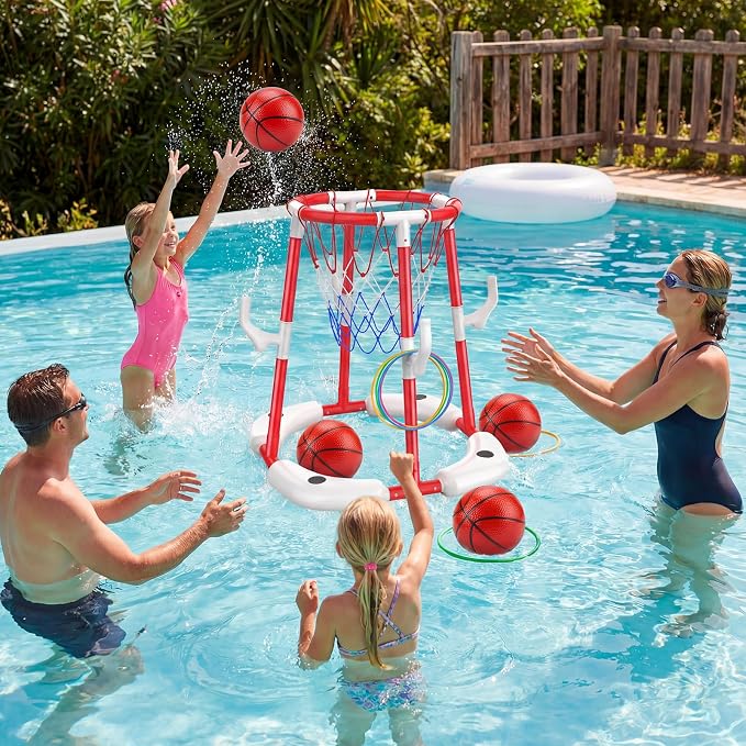 Floating Pool Basketball Hoop, 2-in-1 Basketball Pool Toys for Kids with 4 Balls 12 Rings, Summer Outdoor Swimming Pool Sports Game Water Play Toys for Kids Age 3-12