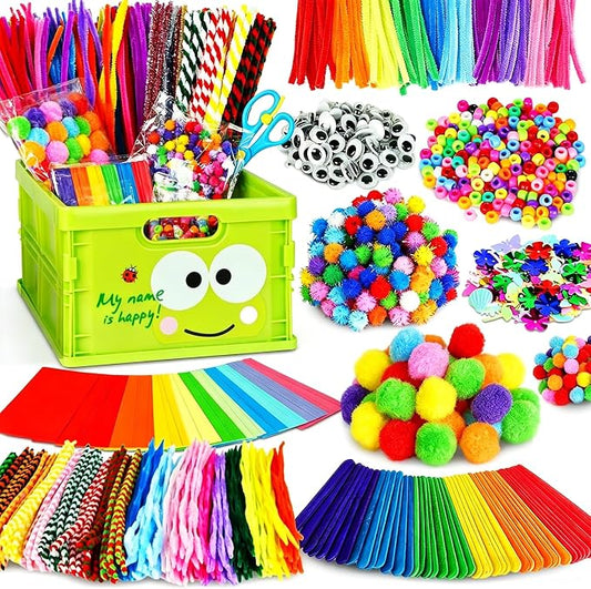 FUNZBO Arts and Crafts Supplies for Kids -Toddler Craft Kits with Glue Stick Pipe Cleaners Popsicle Stickers Construction Paper Pom Poms & Googly Eyes, Birthday Gifts for Girls Age 4+