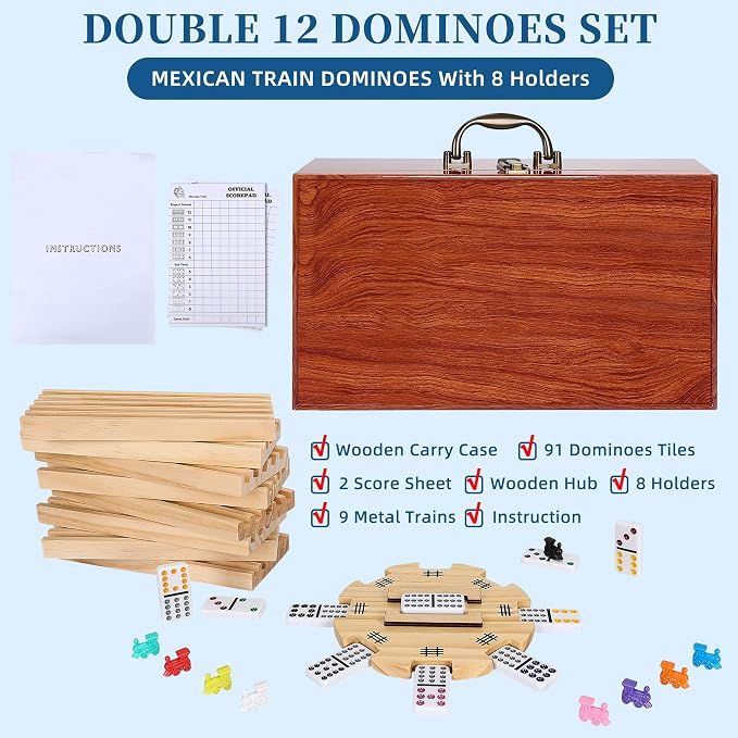 GOTHINK Double 12 Mexican Train Dominoes Set in Wooden Carry Case, Colored Dots Domino Set for Adults Kids and Family, Included 91 Tiles, 9 Trains, Wooden Hub, 8 Holders, 2 Scorepad, Modern Box