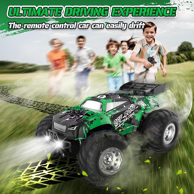 Remote Control Car, All-Terrain Remote Control Truck for Boys 8-12, Headlight, Dual Motors, 1:20, 10KM/H, 2.4GHZ, Speed-Friendly, Sturdy, Rechargeable RC Cars for Beginner, Kids 6+(Green)