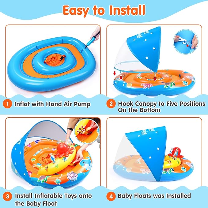 EZIGO Baby Pool Float with Canopy UPF50+ Sun Protection, Inflatable Kids Pool Floats with Ocean Animal Toys for Baby 6-36 Months, Infant Swimming Float with Adjustable Safety Seat for Boys Girls