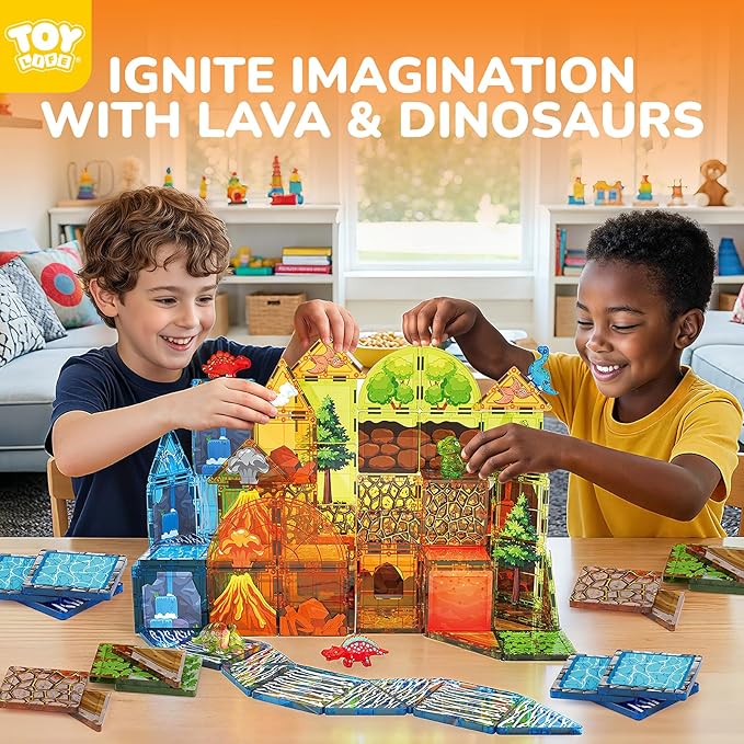 TOY Life 79PCS Magnetic Tiles Dinosaur Toys Set, Magnet Building Blocks Lava Dino World for Kids Ages 3-5, Jungle Animals Construction Toys for Toddlers 4-8, STEM Educational Gift for Boys & Girls 3+