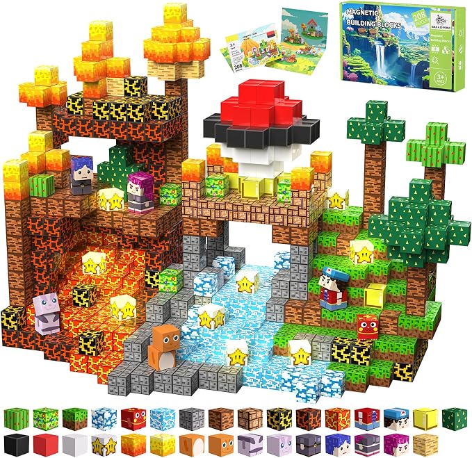Light Up 208PCS Magnetic Blocks, Magnetic Building Blocks Light Up, Stacking Magnets for Kids, Sensory Toy for STEM Constructions Magnet Blocks for Boys Girls Age 3+, Birthday Gifts