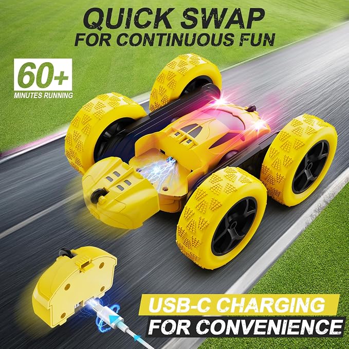 QUNREDA Remote Control Car,RC Car Toys for 6-12 Year Old Boys, Off Road RC Stunt Car 4WD 360° Rotating Remote Control Car for Kids, Boys Girls Gifts for Birthday, Christmas Yellow