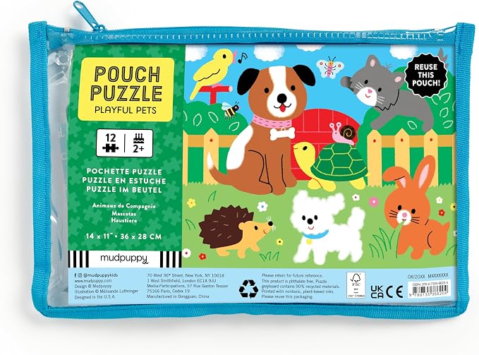 Mudpuppy Playful Pets – 12 Piece Puzzle with Reusable Zipper Pouch Featuring Colorful and Fun Illustrations of Pets Perfect for Easy Storage and Travel
