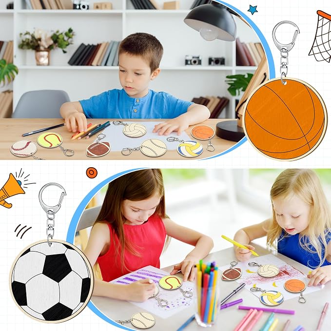Trnayi 36 Pcs Color Your Own Sports Ball Keychains Crafts for Boys Girls Unfinished Wooden Football Basketball Soccer Crafts Blank Wood Painting DIY Crafts for Home Classroom Activities Project Decor