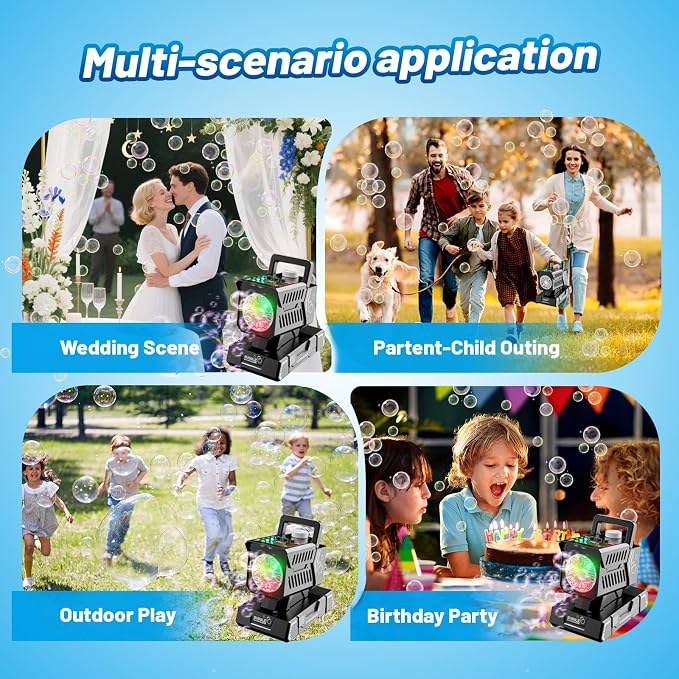 SHCKE Bubble Machine with Remote Control, Auto Rotation & 11 RGB Lights | 1800mAh Rechargeable Battery/USB-C,Top-Fill Portable Bubble Maker for Kids,Outdoor,Birthday Parties,Wedding,Camping,Pool