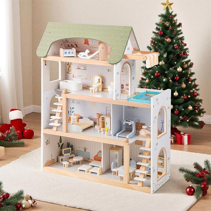HONEY JOY Doll House, 4-Story Wooden Dollhouse Playset w/ 6 Rooms, 33 Accessories & Miniature Furniture, Pretend Play Toys Kit, 2.56 Feet Toddler Big Doll House, Gift for Kids Aged 3+