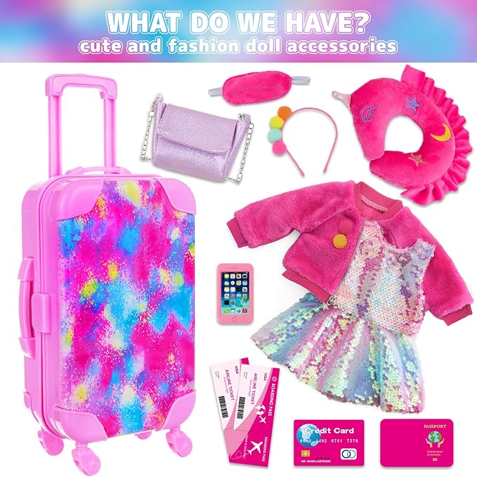 K.T. Fancy 18 Inch American Doll Clothes and Accessories, Doll Travel Suitcase Playset for Girls, Cute Travel Doll Clothes for 18 Inch Girl Doll(Not Include Doll & Shoes), Pink