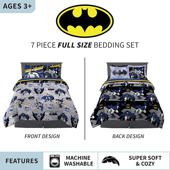 Franco Kids Bedding Super Soft Comforter and Sheet Set with Sham, 7 Piece Full Size, Batman