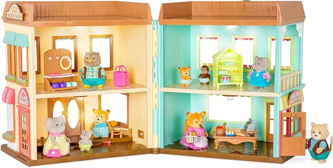 Li'l Woodzeez – Honeysuckle Square Market & Shopping Playset with 24 Pieces, Miniature Animal Figures & Accessories for Imaginative Play, 3+ Years