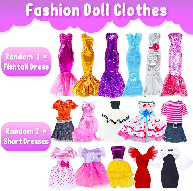 11 Pcs Doll Clothes Including Evening Fishtail Dress Shiny Sequined Slip Dress Fashionable Short Skirt Casual Outfits Top and Pants for 11.5 inch Girl Dolls (No Doll)