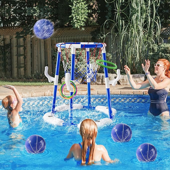 2-in-1 Pool Basketball Hoop & Ring Games with 4 Balls 12 Rings and Pump, Summer Water Outdoor Party Swimming Pool Toys Games for Kids Ages 4-8 8-12 Adult, Family Water Party Birthday Games Toys