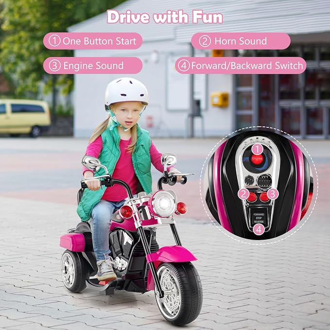 Costzon Kids Motorcycle, 6V Battery Powered Ride on Chopper Motorcycle w/Horn, Headlight, 3-Wheel Stable Ride on Toys, Electric Toddler Motorcycle for Kids, Gift for Boys Girls (Rose Red)