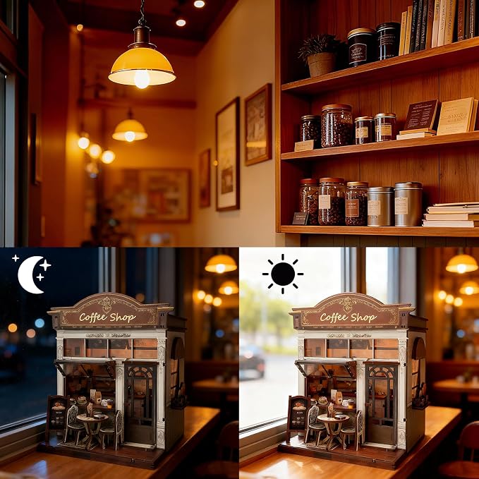3D Wooden Coffee Shop Book Nook Kit - DIY Miniature Model with LED Lights, 143 Precision-Cut Pieces for Adults & Teens (1:24 Scale, Stress Relief Craft Gift)