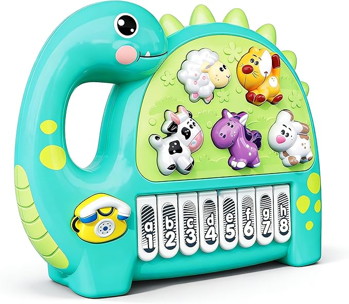 Baby Piano Drum Music Toy 6-12 Months, Dinosaur Light Up Musical Keyboard Animal Sound, Toddler 12-24 Early Learning Educational Interactive Infant Toys Girl Boy Gift 1 Year Old