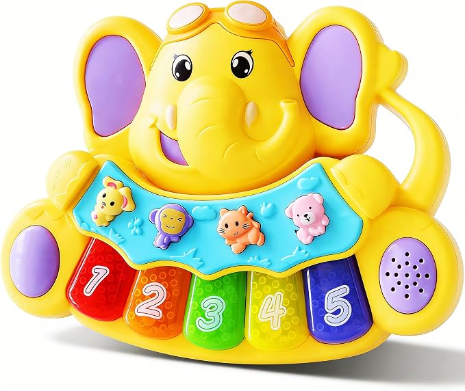 Baby Piano Drum Music Toy 6-12 Months, Elephant Light Up Musical Keyboard Animal Sound, Toddler 12-24 Early Learning Educational Interactive Infant Toys Girl Boy Gift 1 Year Old