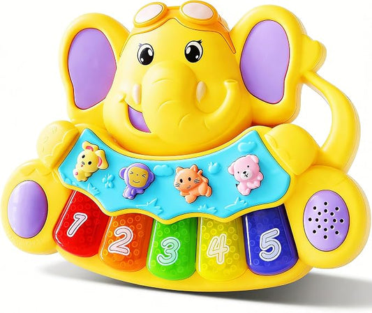 Baby Piano Drum Music Toy 6-12 Months, Elephant Light Up Musical Keyboard Animal Sound, Toddler 12-24 Early Learning Educational Interactive Infant Toys Girl Boy Gift 1 Year Old