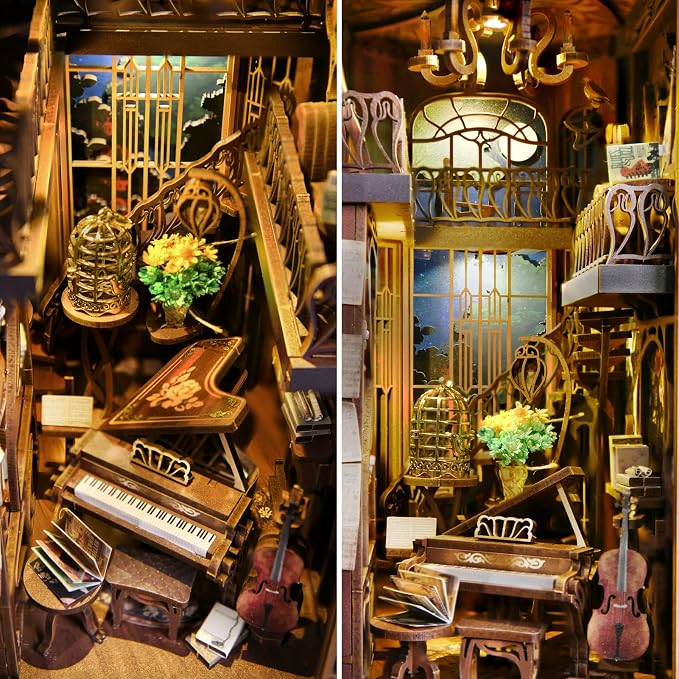 MiniCity DIY Book Nook Kit for Adults, 3D Wooden Puzzle Bookend Bookshelf Insert Decor with LED Light and Dust Cover (Pianist with Nightingale)