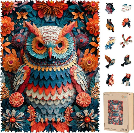 MEATRN Multicolored Owl Wooden Puzzles for Adults - 515 Pieces Natural Wood Jigsaw Puzzle, Laser-Cut Precision, Forest Wildlife Animal Theme, Relaxing Family Game & Creative Gift, 13.4x17.7in