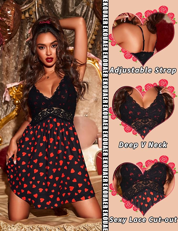 Ekouaer Lingerie for Women Sexy Nightgown Lace Trim Sleep Dress Chemise Nightgowns Sleeveless Night Gown Sleepwear S-3XL