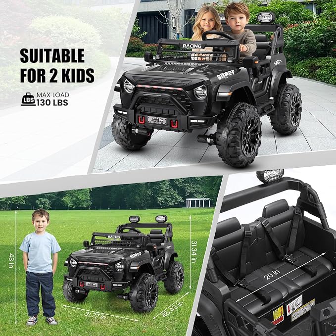 Hikole 24V Ride on Car with Remote Control, 2 Seater Electric Car for Kids w/20 Inch Wide Seat, 4x100W Motor, LED Headlight & Music Player, Power Car Wheels Ride on Toys for Boys Girls, Black