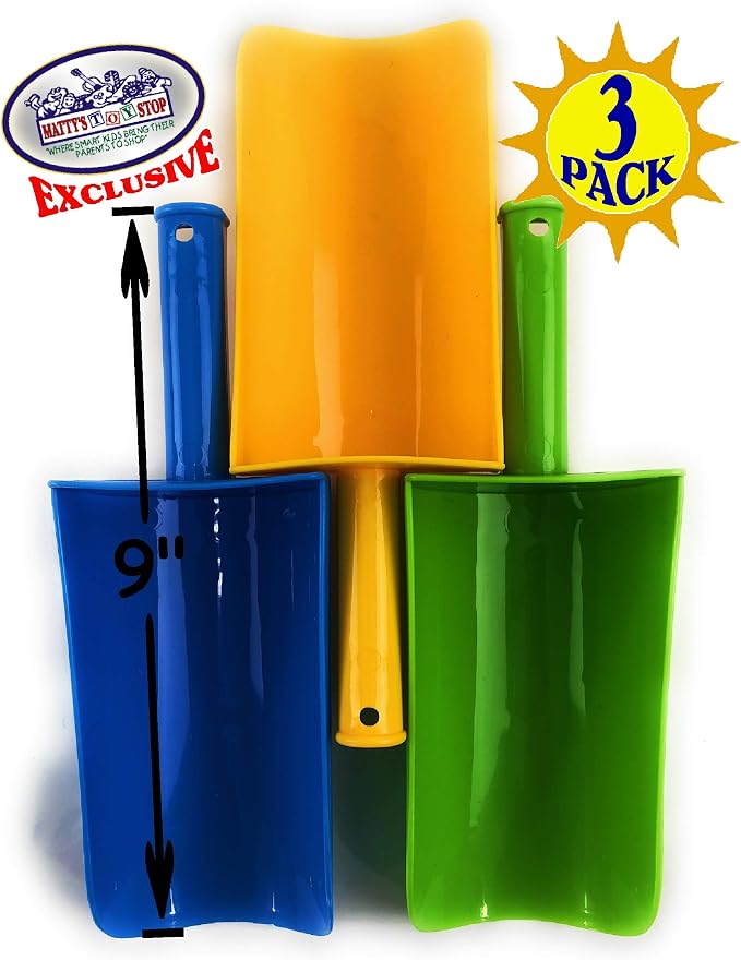 Matty's Toy Stop 9" Kids Short Handle Sand Scoop Plastic Shovels for Sand & Beach (Yellow, Blue & Green) Gift Set Bundle - 3 Pack