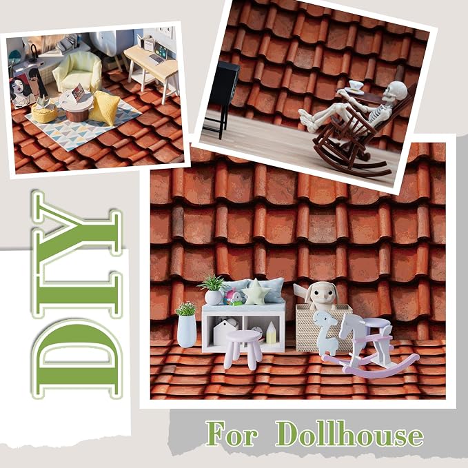 Flutesan 12 Pcs Miniature Dollhouse Wallpaper and Flooring Peel and Stick Mini DIY Self Adhesive Dollhouse Accessories 8.27 x 11.69 Inch (Roof Tiles Clay)