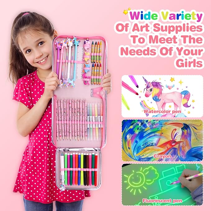 MAIGOZON Unicorn Gifts for Girls - 56 PCS Scented Markers Art Supplies Set for Kids Ages 4-8, Coloring Drawing Kit with Glitter Unicorn Case & Quick-Dry Gel Pens, Birthday Christmas Gift