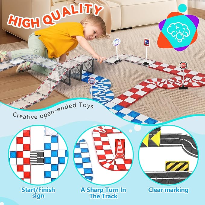 Magnetic Tiles Building Blocks for 3 4 5 6 7 8+ Years Old Boys Girls Colorful Magnet Stacking Toys Birthday Gift for Toddlers STEM Preschool Educational Construction Tiles Set (Multicolor Road)