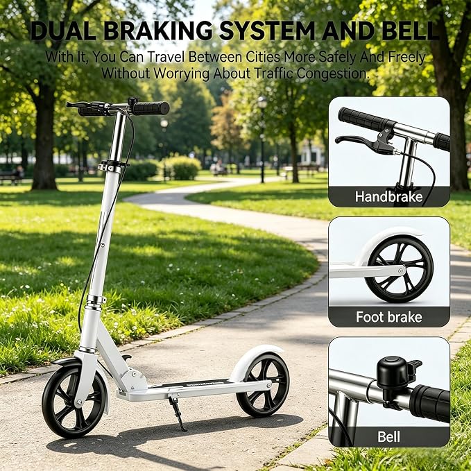 Scooters for Kids 8-12, Teens & Adults - Foldable&Portable Commuter Scooter with 8" Wheels, Bell, Hand Brake & Adjustable Height 30"-40.5", 240 lbs, Manual Push Scooter for Campus & Park